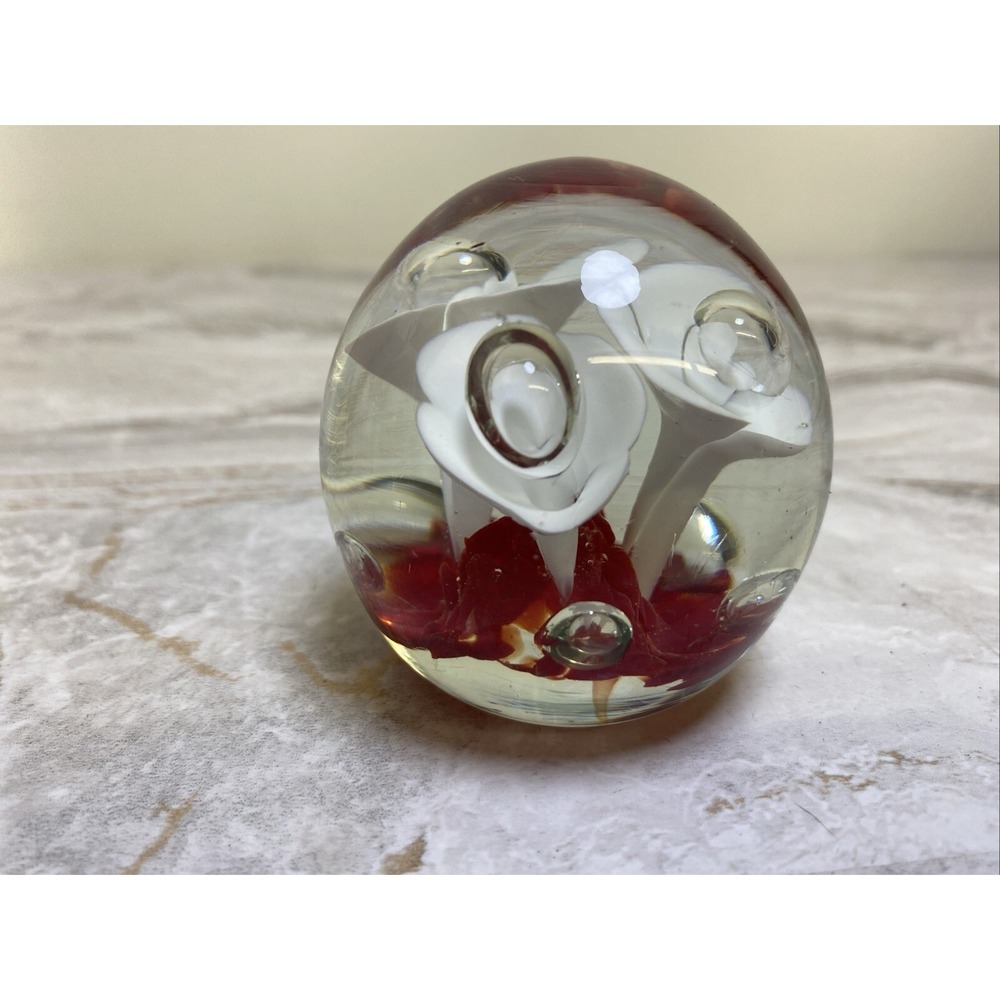 Vintage Red And White Lilly Art Glass Paperweight